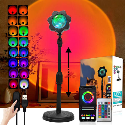  Projection de Coucher de Soleil LED Lumières APP Télécommande,16 Couleurs Veilleuse LED Lampe de Sol Lumières d'Ambiance pour Photographie/Selfie/Fête/Maison/Chambre/Décoration de Chambre